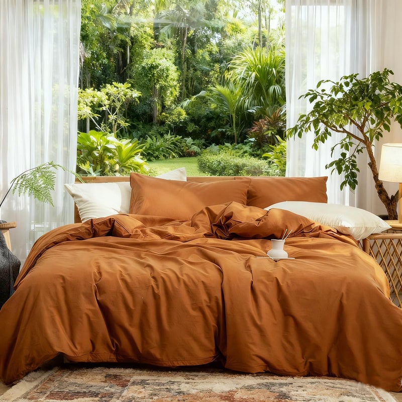 DONEUS 100% Washed Cotton Duvet Cover Set Super Soft Breathable Comfy Natural Linen Like Textured Bedding Set 3 Pieces with Zipper Closure (Burnt Orange, Twin) - Image 1